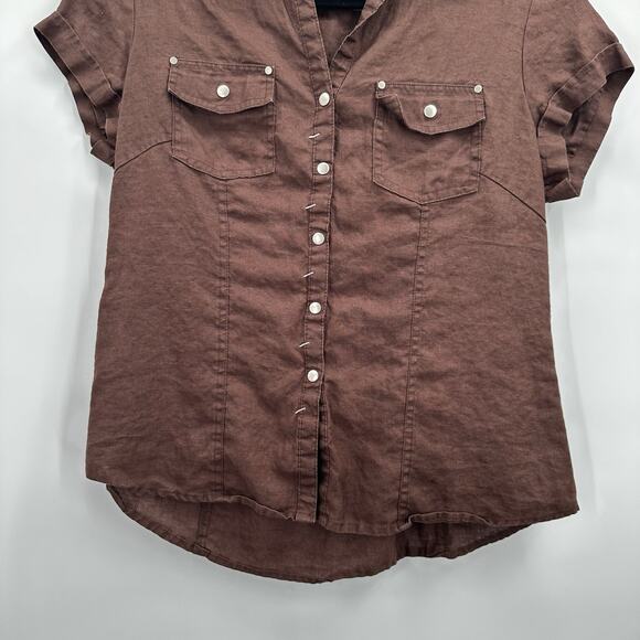 Tweeds Linen Top Shirt Womens Large Brown Button Breathable Minimalist Neutral - Picture 3 of 9